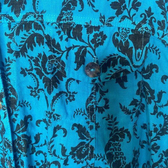California Threads XL Blue & Black Floral Button-Up 100% Linen Shirt With Long S - Picture 4 of 11